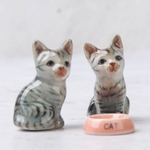 미니어처 고양이 인형 그레이 줄무늬 고양이 중 2종 세트 냥이 반려묘 도자기인형